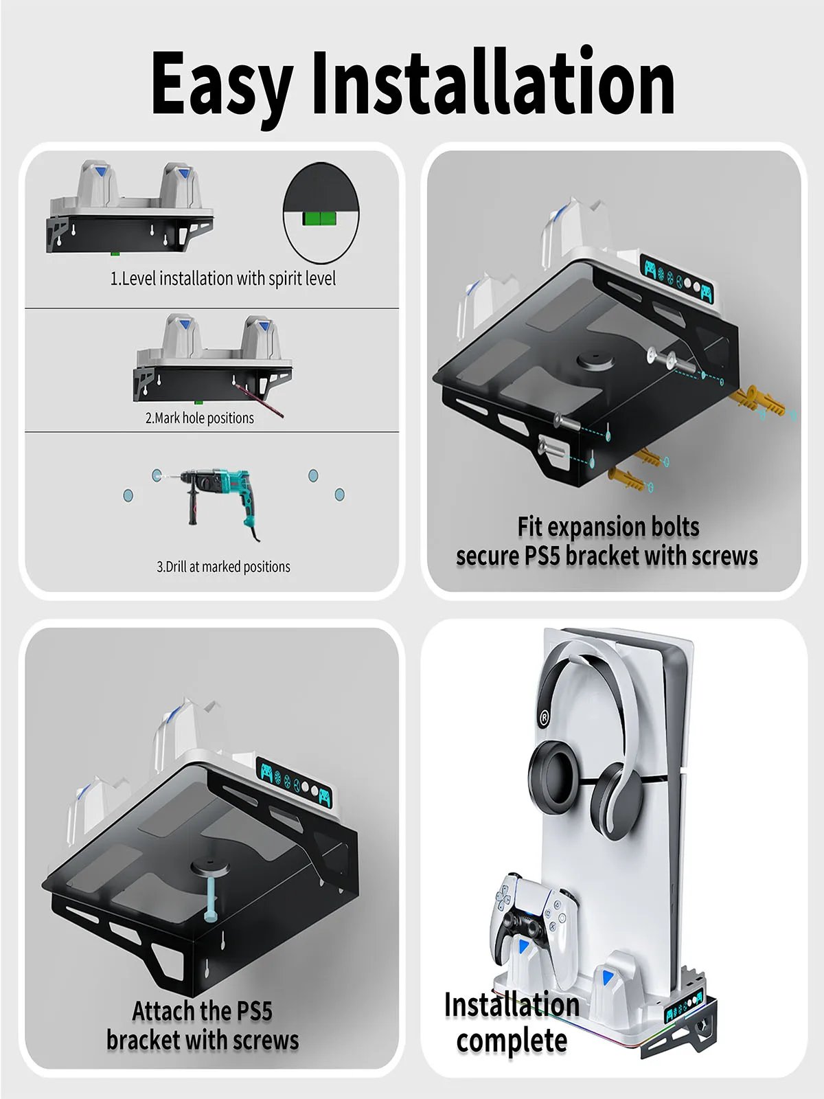 PS5 Wall Mount Stand with Cooling Fan, Dual Controller Charger, RGB Light, Headset Holder, USB Hubs for PS5/Slim/Pro3 Speed Cool