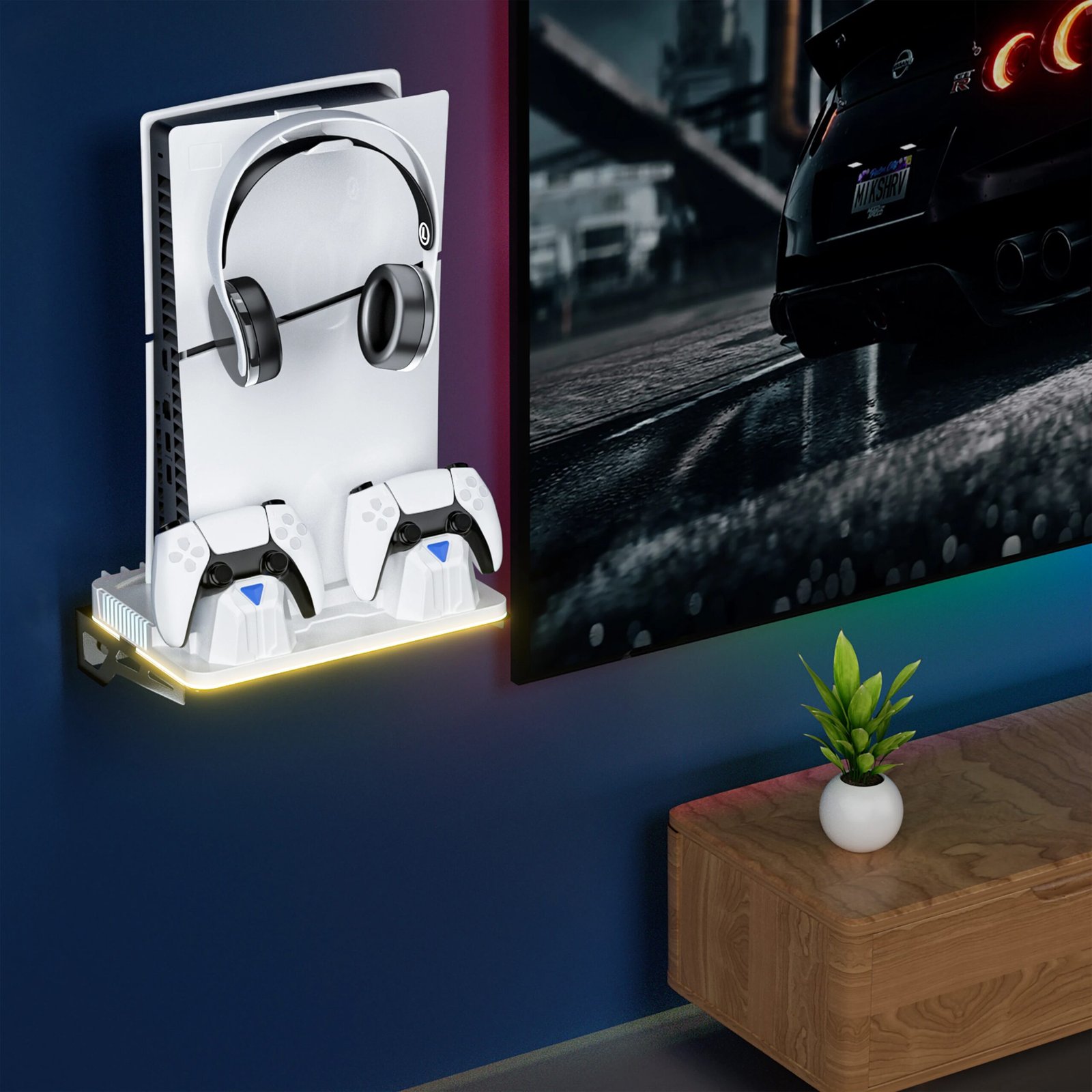 PS5 Wall Mount Stand with Cooling Fan, Dual Controller Charger, RGB Light, Headset Holder, USB Hubs for PS5/Slim/Pro3 Speed Cool