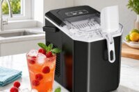 Ice Maker Countertop Machine with Handle, 26lbs in 24h, 9 Ice Cubes Ready in 6 Mins, Self-Cleaning Ice Makers with Basket and Scoop, Ideal for Home, Kitchen, Camping, RV