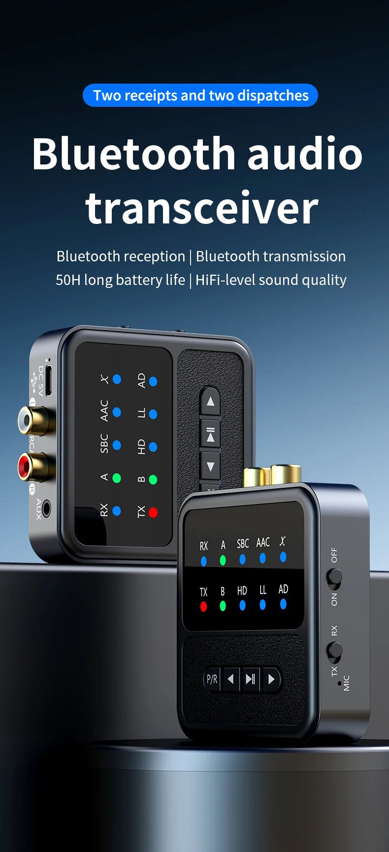 Tebe QCC Bluetooth 5.4 Audio Receiver Transmitter Adapter AAC/aptX/aptX-LL/aptX-HD/aptX-AD RCA Aux Wireless Stereo Music Player