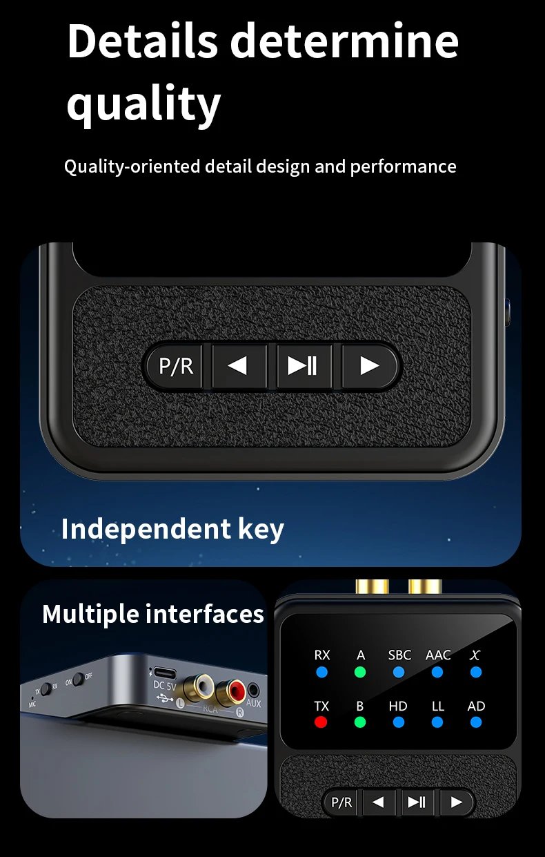 Tebe QCC Bluetooth 5.4 Audio Receiver Transmitter Adapter AAC/aptX/aptX-LL/aptX-HD/aptX-AD RCA Aux Wireless Stereo Music Player