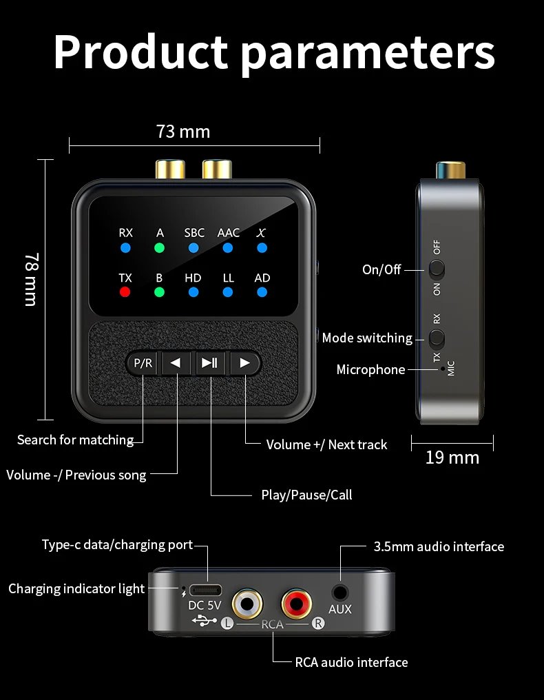 Tebe QCC Bluetooth 5.4 Audio Receiver Transmitter Adapter AAC/aptX/aptX-LL/aptX-HD/aptX-AD RCA Aux Wireless Stereo Music Player