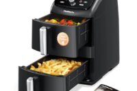 Family-size dual air fryer for kitchen use, black aluminum alloy with PFAS-free nonstick coating, even heating and compact stac