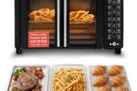 French Door Air Fryer Toaster Oven for kitchen use, stainless steel and black finish, 6-slice capacity with FryForce 360 and 17