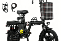 Foldable electric bicycle for adults, equipped with 14-inch tires, featuring 8 shock absorbers, a 500W motor power, a 48V 15Ah c