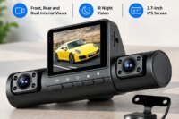 Four-Camera 1080P Car Dash Cam, Front, Rear and Dual Interior Views, IR Night Vision, 2.7-Inch IPS Screen, 32GB Card Included, External Power, for Vehicle Driving Recording and Parking Monitoring, Black, ABS, package size 20.3 x 11 x 7cm