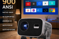 FUSHCAI Outdoor Projector A10 Portable Mini Projector with 360° Rotation 900 ANSI Native 720P 4K Compatible Auto Focus BT 5.4
