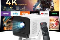 Mini Projector Wifi6 and BT5.4 Native 1080P, 4K Decoding Android 14 Auto Keystone 180° Flexible Portable Beamer for Home Theater