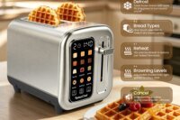 TomaChef 2 Slice Smart Toaster, Stainless Steel with LED Touchscreen & Digital Timer. 6 Shade Settings, Extra Wide Slots for Bagels, Waffles, and Muffins. Defrost, Reheat, Cancel Functions, +/-10 Second Adjustment for Precision. Removable Crumb Tray, Easy