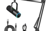 Pupgsis Dynamic Podcast Microphone for Studio, Cardioid XLR/USB Mic, AI Noise Cancellation, Mute Button, 3.5mm Headphone Jack for Monitoring, Volume Control, Microfono with Boom Arm