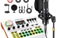Tenlamp Y300-P15B Podcast Microphone Bundle with Live Sound Card Audio Mixer, 3.5mm Condenser Mic for PC Smartphone Gaming Streaming Singing YouTube Vlog Studio Recording