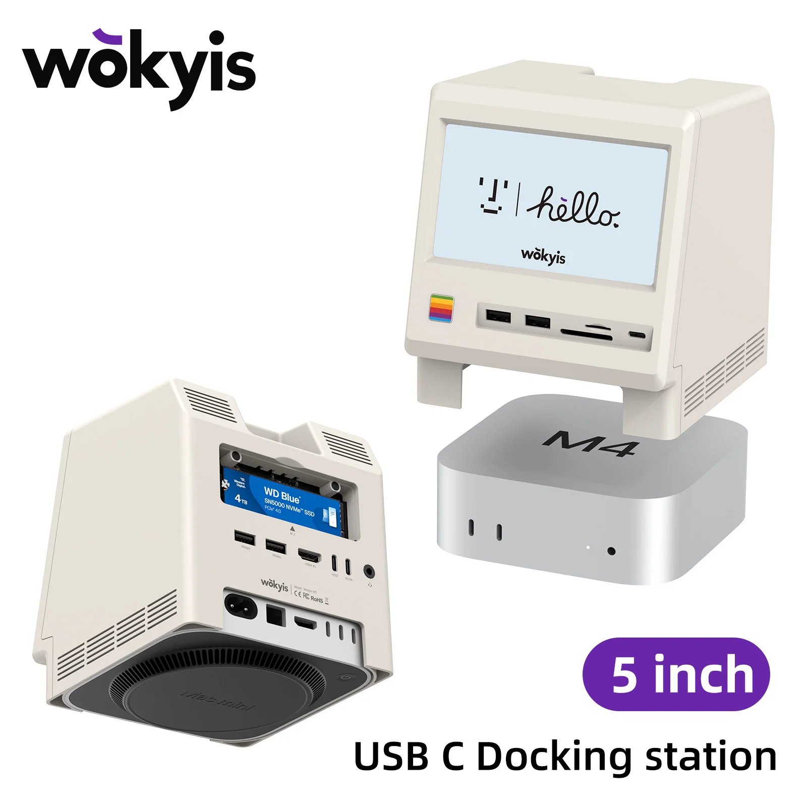 Wokyis M5 10Gbps Mac Mini M4 Dock 5inch Full HD IPS Screen USB-C HUB Monitor Display with M.2 SSD Enclosure Wokyis M5 10Gbps Mac Mini M4 Dock 5inch Full HD IPS Screen USB-C HUB Monitor Display with M.2 SSD Enclosure