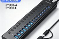 ACASIS 16 Ports Powered USB Hub 10Gbps 8*USB-A 8*USB-C Individual On/Off Switch for Each Port Aluminum Housing Better Heat Dissipation Plug & Play With 96W Power Adapter