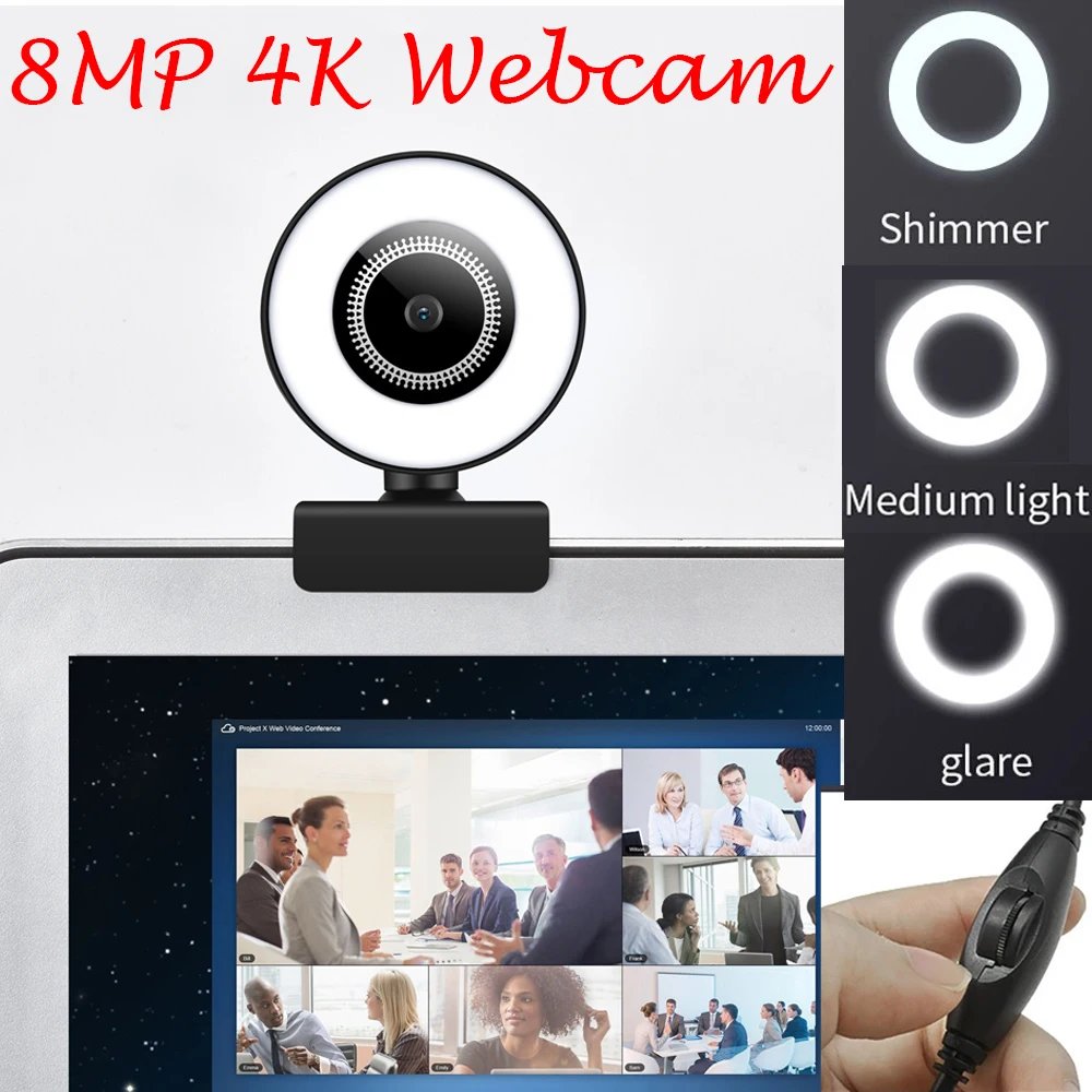 4K 8MP HD Webcam Three Light Sources Manual Brightness Adjust Ultra Clear Home Online Meeting Support Bracket Mount Stable Video