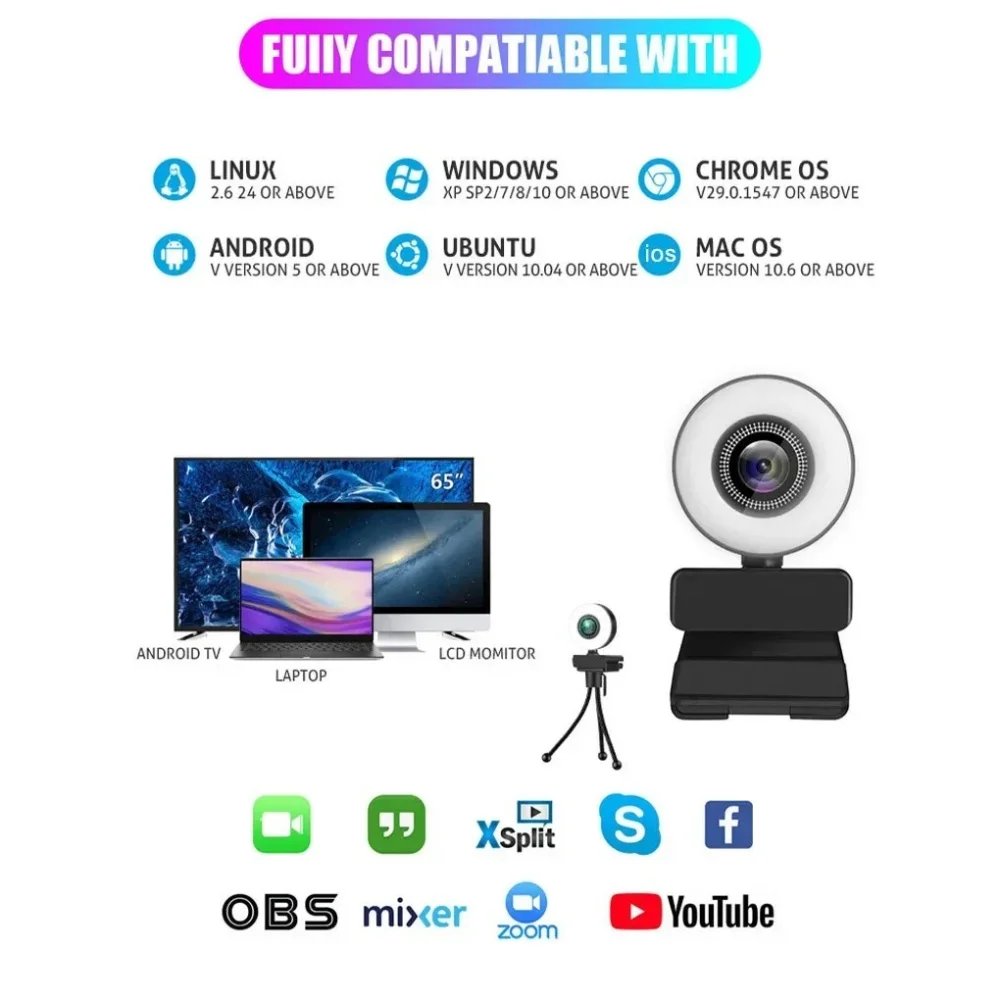 4K 8MP HD Webcam Three Light Sources Manual Brightness Adjust Ultra Clear Home Online Meeting Support Bracket Mount Stable Video 4K 8MP HD Webcam Three Light Sources Manual Brightness Adjust Ultra Clear Home Online Meeting Support Bracket Mount Stable Video